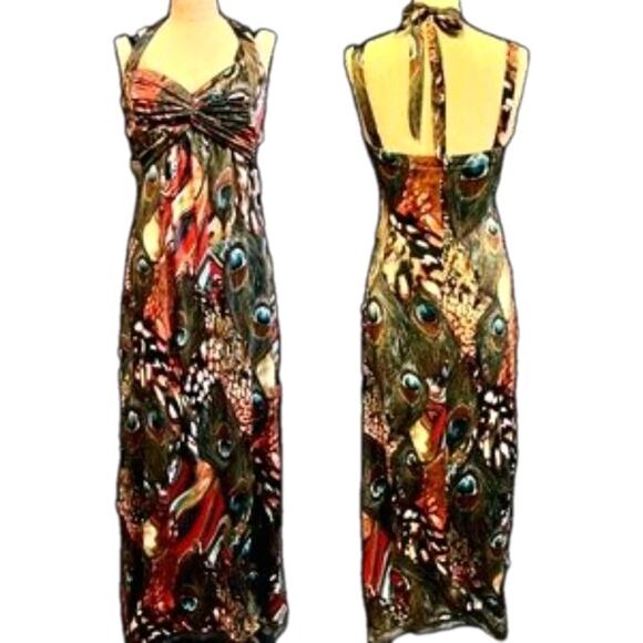 Exotic Sundress Maxi Plus Sz 2X Peacock Halter Bodycon Disco Babydoll Coquette - Picture 6 of 16